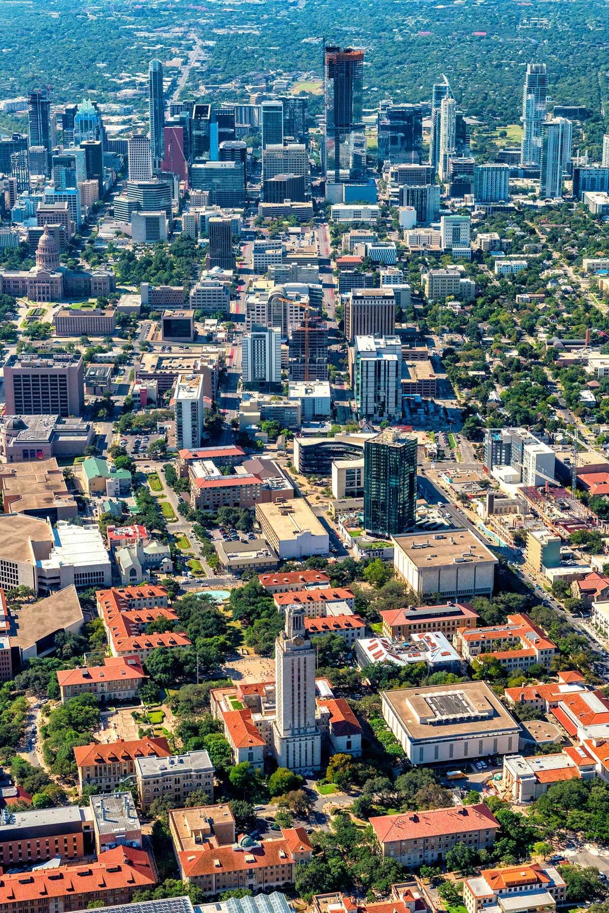 Aerial of the UT Campus and downtown Austin, Texas