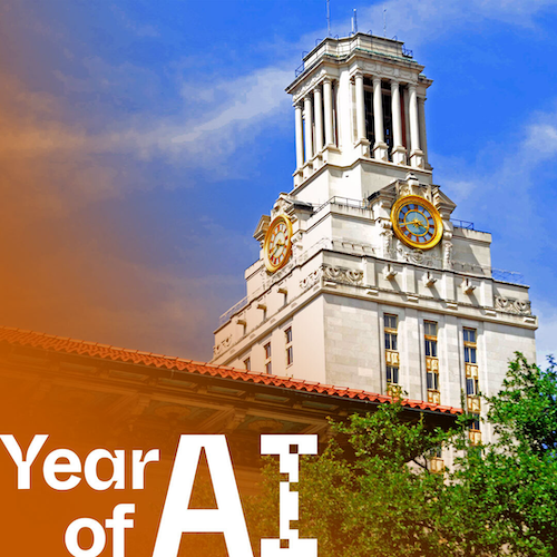 Year of AI text with the UT Tower in the background